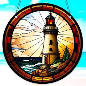 Lighthouse Suncatcher Ocean Sea Sunset Coast Colorful Hanging Chain In/Outdoor